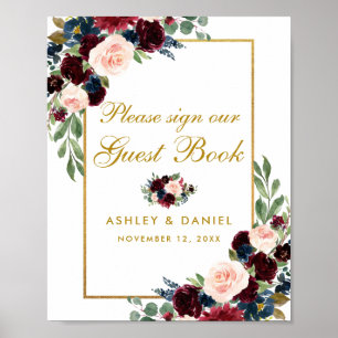 Livre d'or de mariage floral bleu de Bourgogne