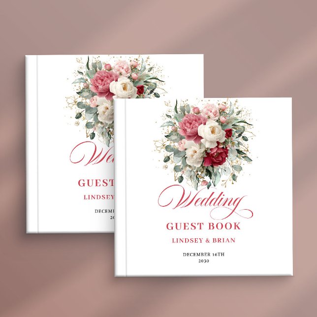 Livre d'or de mariage floral rouge boho classique  (Classic Boho Red Blush Floral Wedding Guest Book)