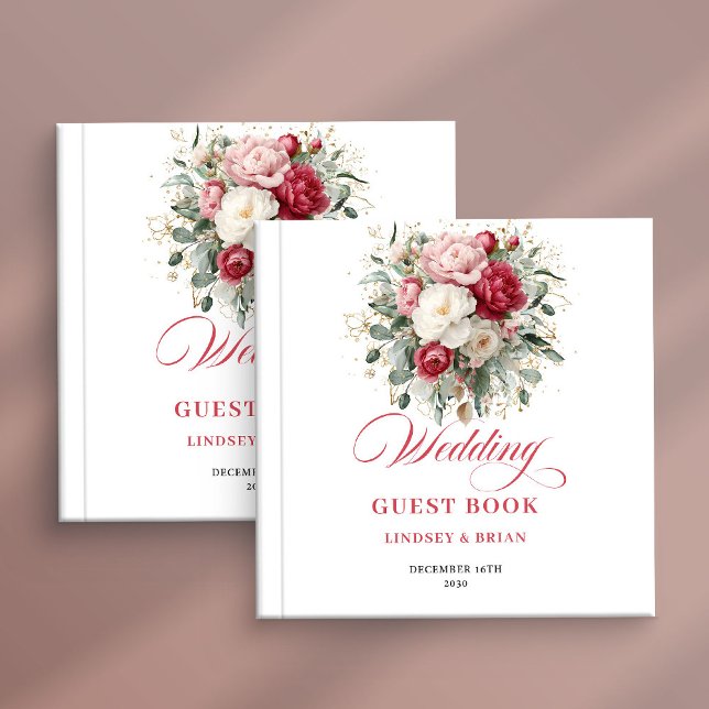 Livre d'or de mariage floral rouge personnalisé av (Burgundy Blush flowers wedding guestbook,
crimson red ruby guest book ,
Watercolor Soft pink floral )