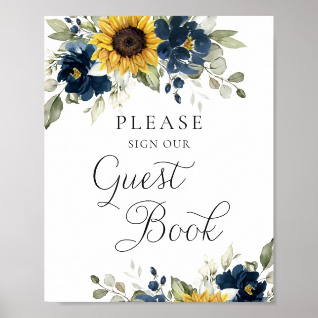 Livre d'or de mariage Navy Blue Greenery Tournesol (Devant)