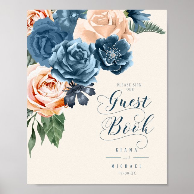 Livre d'or de mariage Roses Bleu/Pêche ID584 (Devant)