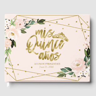 Livre d'or de Quinceanera à fleurs roses et dorées