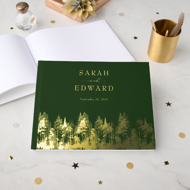 Livre d'or de Rustic Forest Mariage Gold Foil (Recto ouvert)