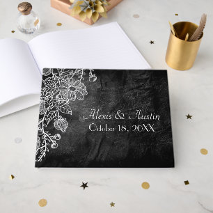 Livre D'or Dentelle de Mariage sur Cuir Noir