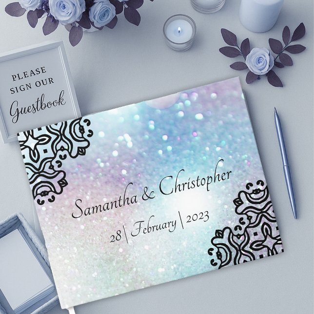 Livre D'or Dentelle noire Damask et Mariage Pastel Sparkles (Black Damask Lace and Pastel Sparkles Wedding Guest Book by Graphic Allusions)