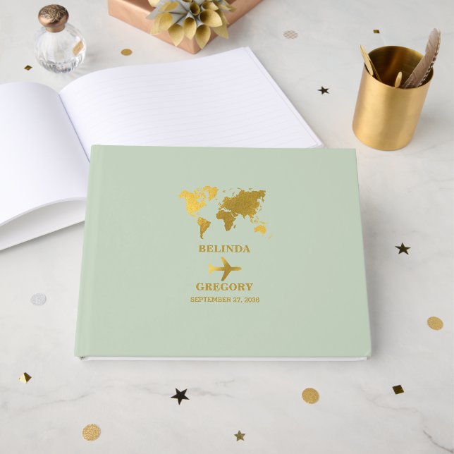 Livre D'or Destination Mariage Monde Passport Sage Vert Or (Recto ouvert)