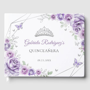 Livre D'or Détails Floraux Quinceanera Lilas Violet Argent