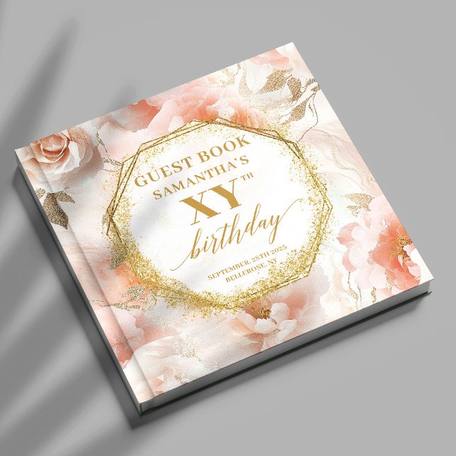 Livre d'or d'or d'ivoire rose gracieux (Graceful Dusty Pink Ivory Gold Birthday Guest Book

)