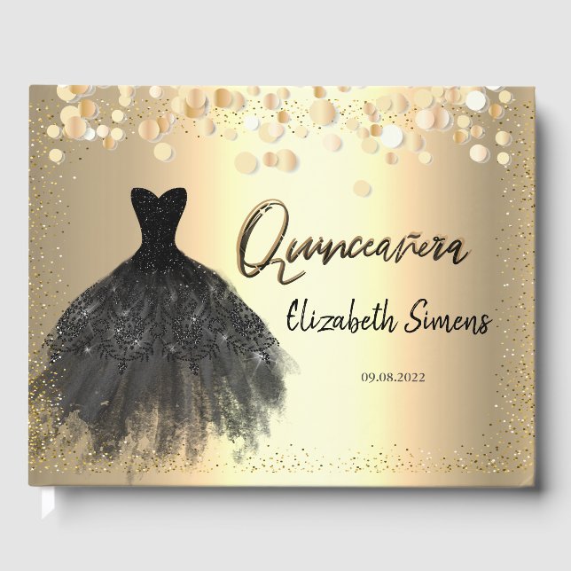 Livre D'or Dots Confetti d'or, Robe noire Quinceañera (Recto)