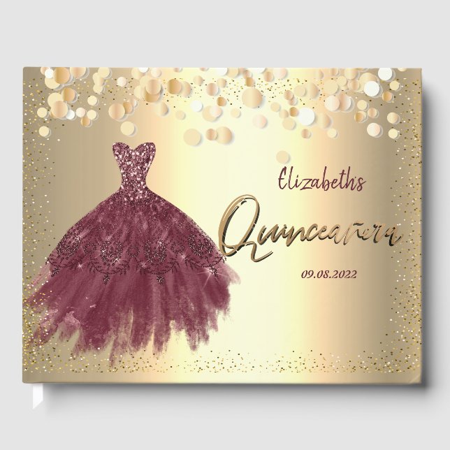 Livre D'or Dots Confetti Or, Robe Bourgogne Quinceañera (Recto)