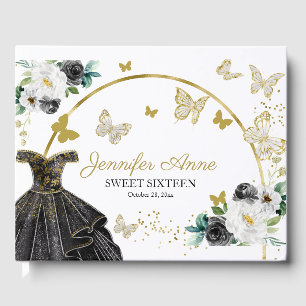 Livre D'or Douce 16 Fleurs de papillon Robe d'or noir