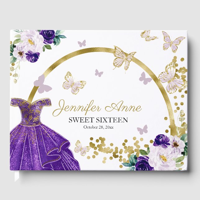 Livre D'or Douce 16 Fleurs de papillon Robe violette (Recto)
