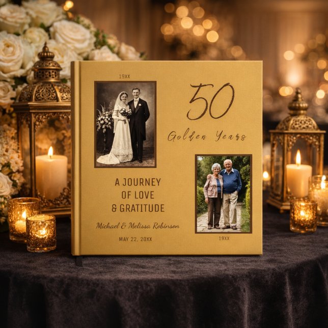 Livre d'or du 50e anniversaire – Or (Front cover of 12 x 12 anniversary guest book styled with candlelight.)