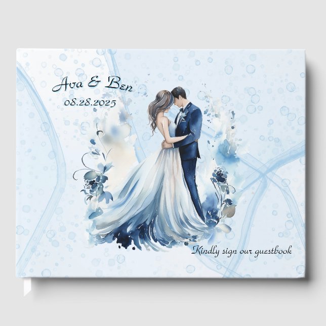 Livre D'or Dusty Blue Alcohol Ink Bride & Groom Mariage (Recto)