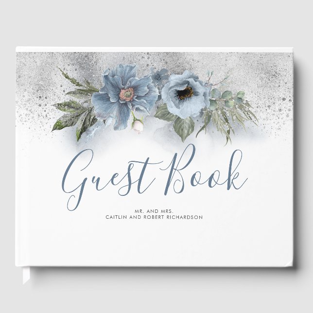 Livre D'or Dusty Blue et Silver Parties scintillant Mariage (Recto)