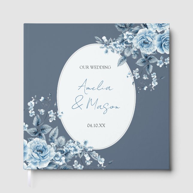 Livre D'or Dusty Blue Floral Script Elegant Wedding  (Recto)