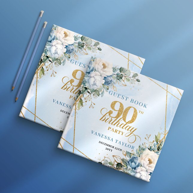Livre D'or Dusty Blue Flowers Elegant Script 90th Birthday  (Dusty Blue Flowers Elegant Script 90th Birthday Guest Book

)