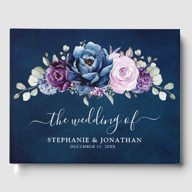 Livre D'or Dusty Blue Purple Navy Lilac Blooms Mariage Invité (Recto)