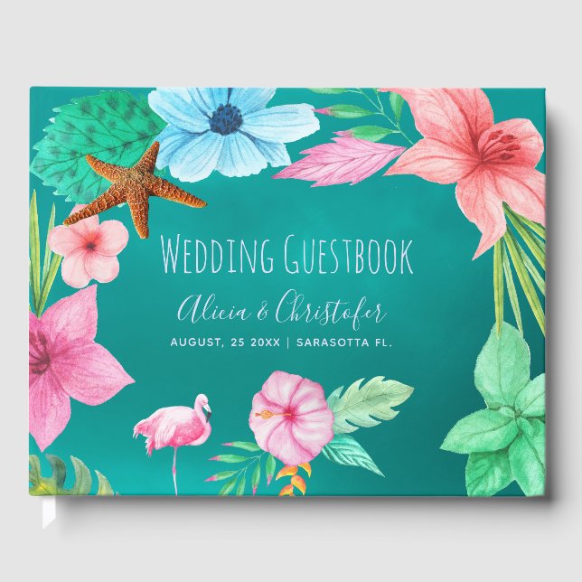 Livre D'or Eau turquoise luau floral tropical mariage (Recto)