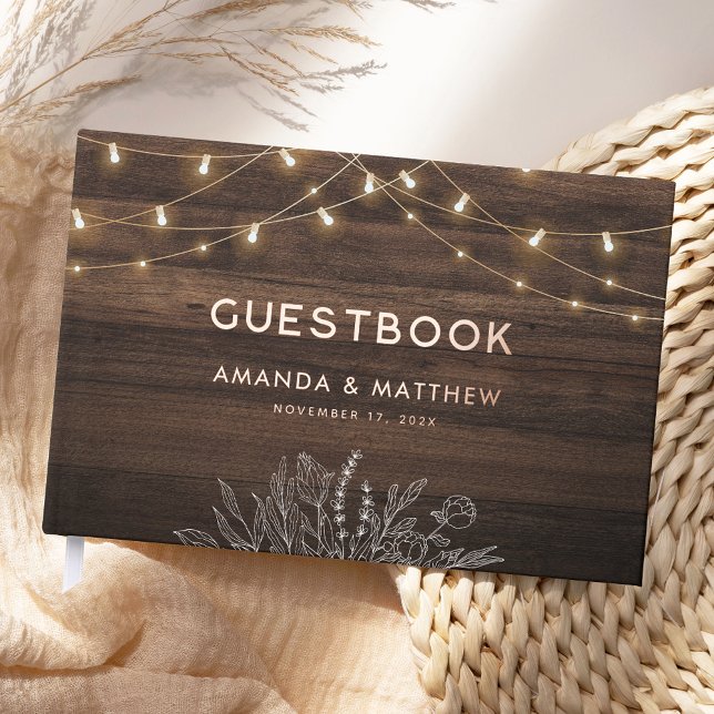Livre D'or Éclairage à cordes de bois rustique Mariage à huil (Rustic Wood String Lights Wedding Gold Foil Foil Guest Book)