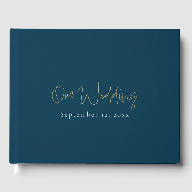 Livre D'or Écriture moderne bleu et or, mariage minimaliste (Recto)