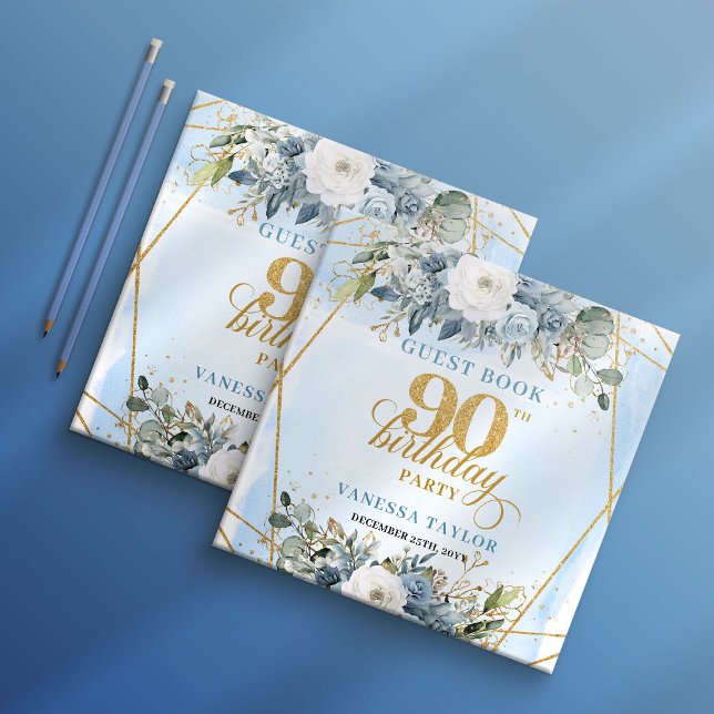 Livre D'or Editable Dusty Blue Floral Frame 90th Birthday   (Editable Dusty Blue Floral Frame 90th Birthday Guest Book

)