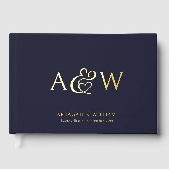 Livre D'or Elégant Ampersand Monogram Gold Marine Mariage ble (Recto)