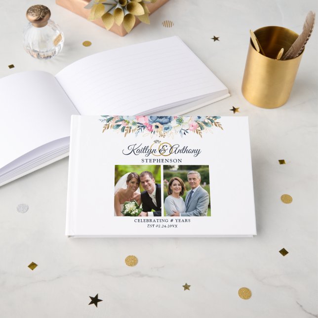 Livre D'or Elégant Anniversaire Aquarelle Floral 2 Photos (Recto ouvert)