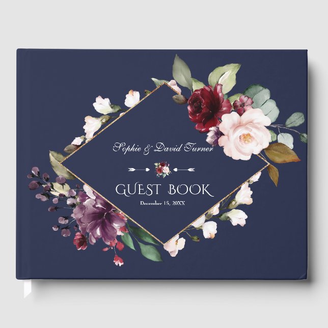 Livre D'or Elégant Aquarelle Bourgogne Fleurs Mariage de mari (Recto)
