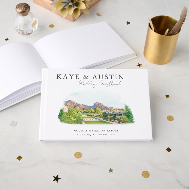 Livre D'or Elégant aquarelle Mariage d'illustration du lieu (Recto ouvert)