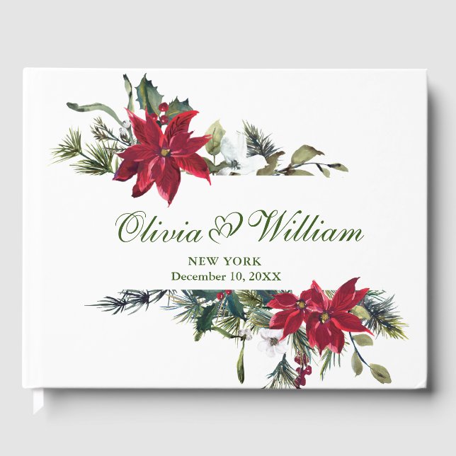 Livre D'or Elégant Aquarelle Rouge Poinsettia Mariage de pin (Recto)