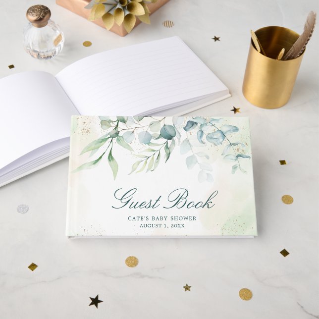 Livre D'or Elégant Baby shower de verdure Eucalyptus (Recto ouvert)