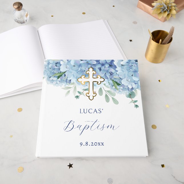 Livre D'or Élégant Baptême d'Hydrangée Bleue (Recto ouvert)