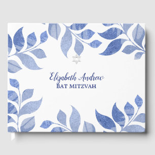 Livre D'or Elégant Bat mitzvah de feuillage bleu aquarelle