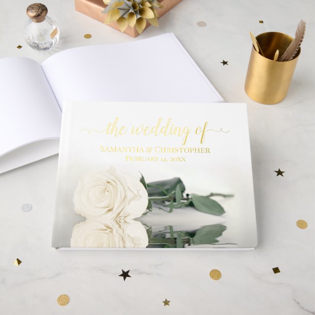 Livre D'or Elégant blanc ou ivoire Rose moyen Mariage (Recto ouvert)