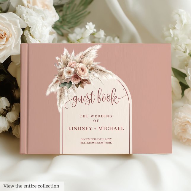 Livre D'or Élégant Boho Dusty Pampas Rose Rose Mariage (Elegant Boho Dusty Pink Pampas Arch Roses Wedding Guest Book)