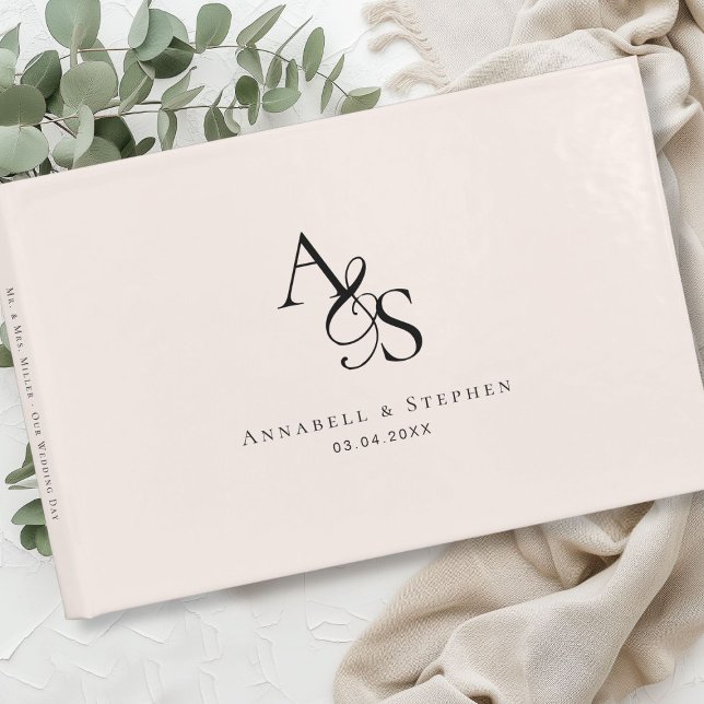 Livre D'or Elégant, Classique, Monogramme, Beige-Bleu, Mariag (Elegant, Classic, Monogram, Blush-Beige, Wedding Guest Book)