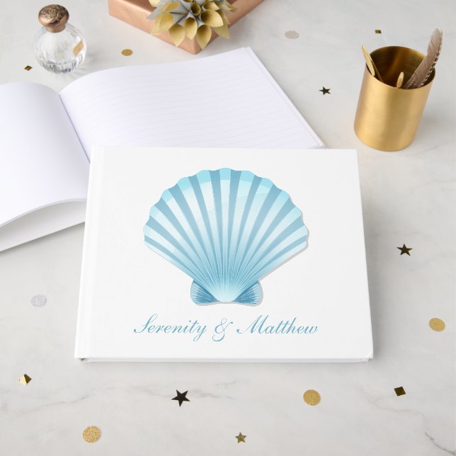 Livre D'or Elégant Coquillage bleu Plage nautique Mariage (Recto ouvert)
