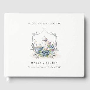 Livre D'or Elégant Cute Aqua Blue Floral Teapot Crest Mariage