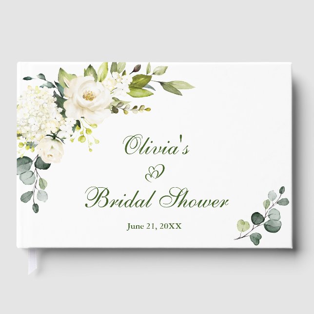 Livre D'or Élégant Eucalyptus Roses Blanches Shower de Mariée (Recto)