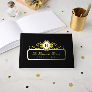 Livre D'or Élégant Famille Reunion Gold Foil Monogramme Noir