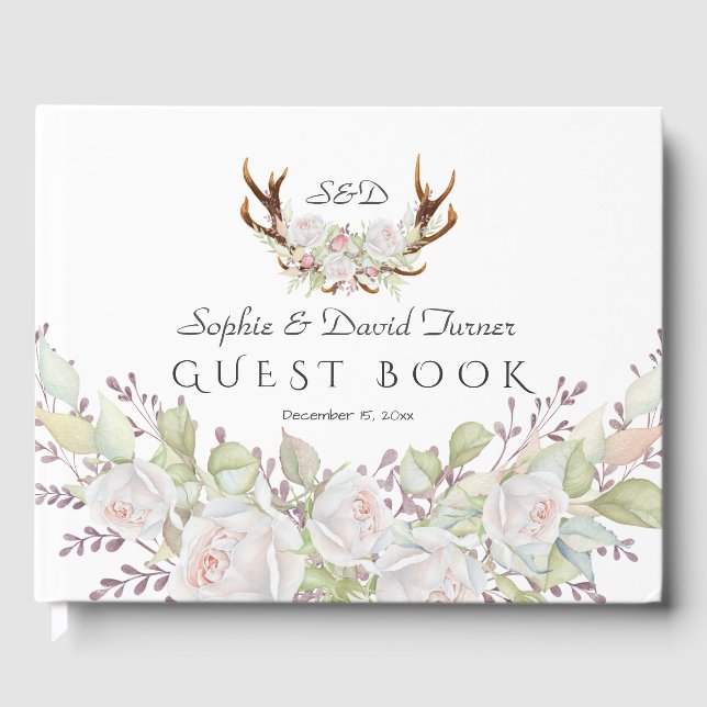 Livre D'or Elégant Fleurs blanches Antlers Monogram Mariage (Recto)