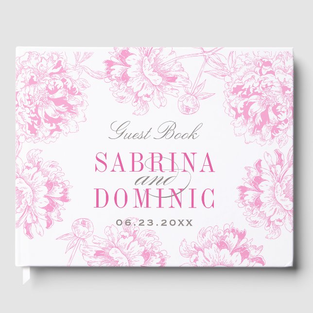 Livre D'or Élégant Fuchsia rose et gris Mariage de pivoine fl (Recto)