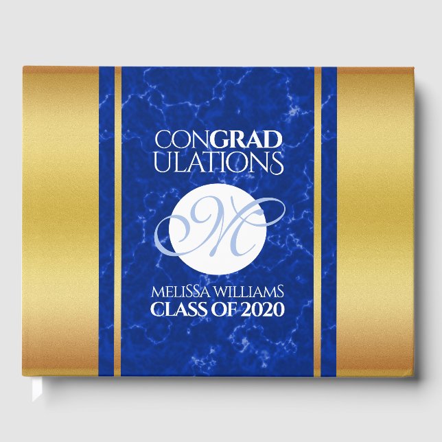 Livre D'or Élégant Graduation Monogramme Bleu Marbre Or Huile (Recto)