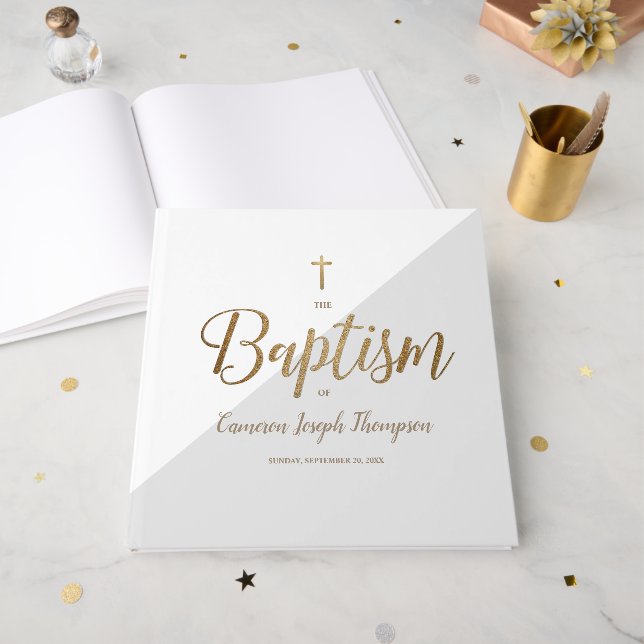 Livre D'or Elegant Grey  gold Cross Baby Custom Baptism (Recto ouvert)