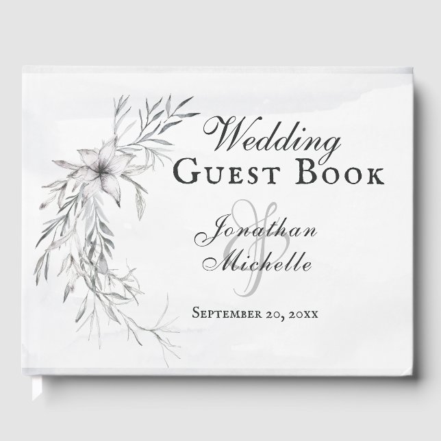 Livre D'or Elégant Gris Floral Aquarelle Mariage chrétien (Recto)