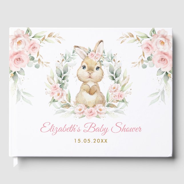 Livre D'or Élégant lapin rose floral lapin lapin Baby shower  (Recto)