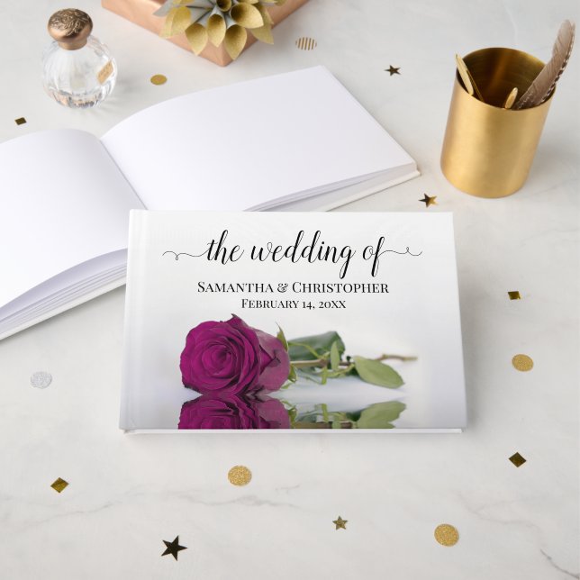 Livre D'or Élégant long Stemmed Magenta Rose Mariage (Recto ouvert)