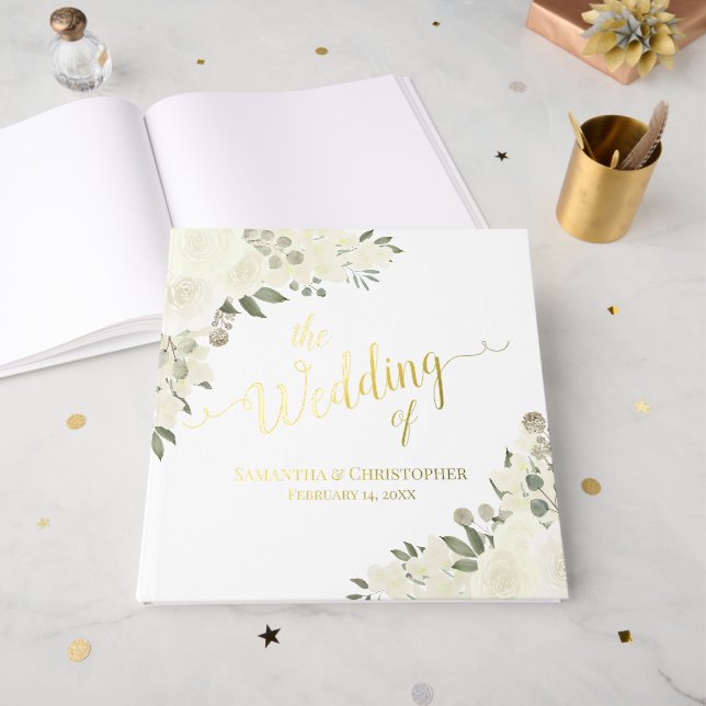 Livre D'or Élégant Mariage à huile d'ivoire blanc Boho Floral (Recto ouvert)