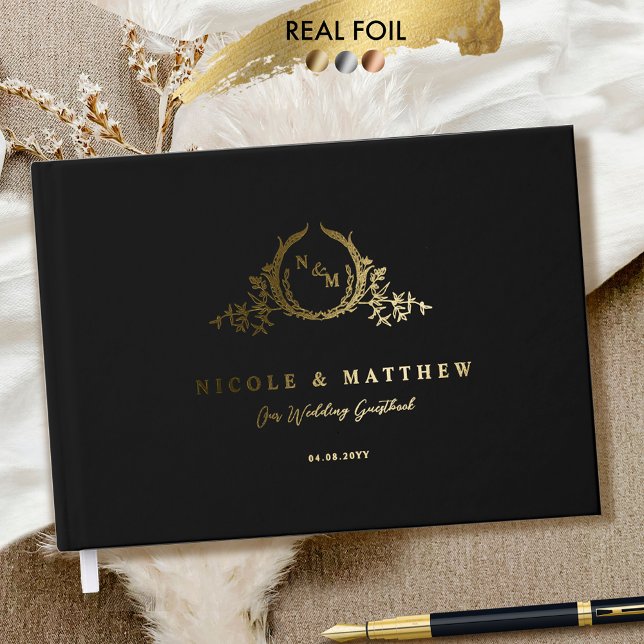 Livre D'or Élégant Mariage de monogramme noir et réel (Créateur téléchargé)